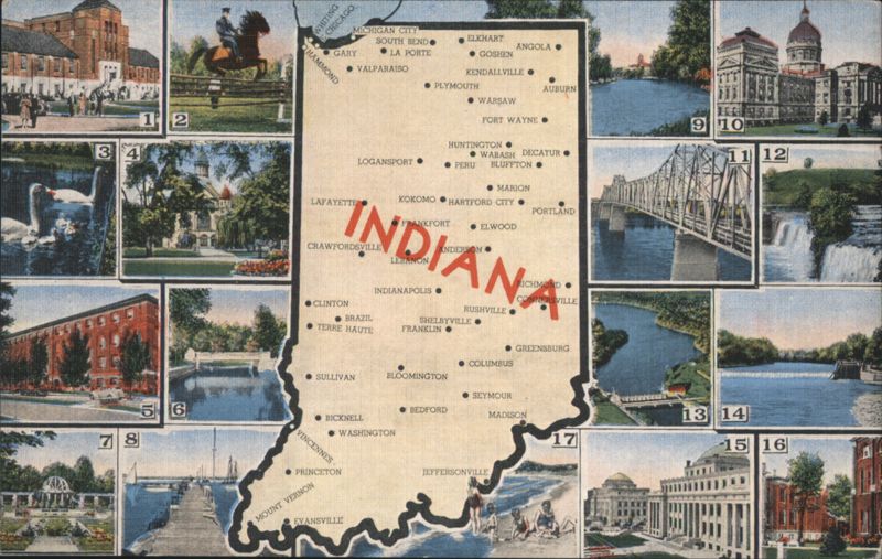 Indiana Map with 17 Views of Landmarks & Scenery