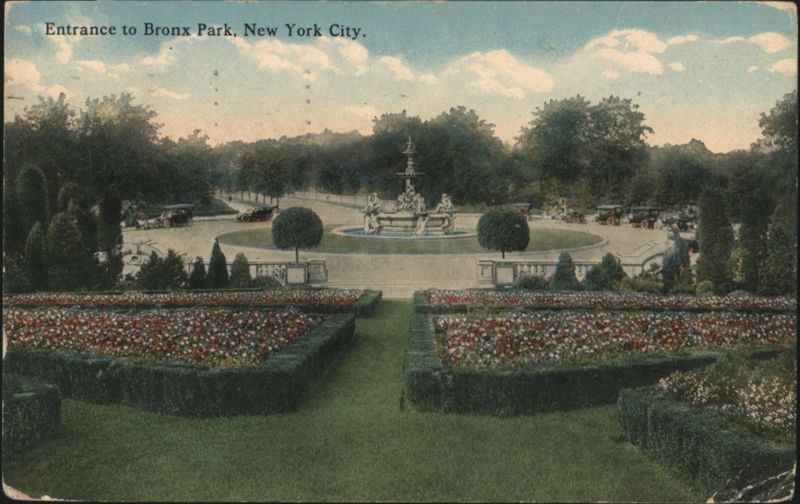 Bronx Park Entrance, Fountain, Flower Beds New York