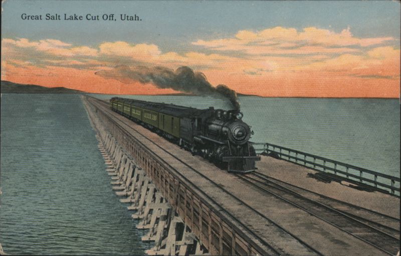 Great Salt Lake Cut Off, Train on Trestle Bridge Utah