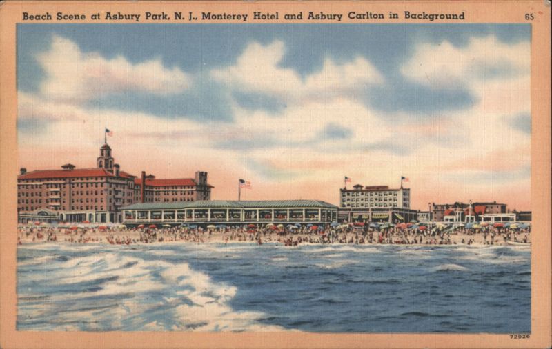 Beach Scene, Monterey Hotel & Asbury Carlton, Asbury Park New Jersey