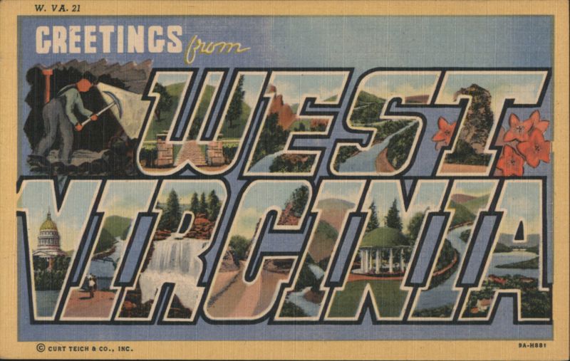 Greetings from West Virginia, Miner, Capitol, Waterfall
