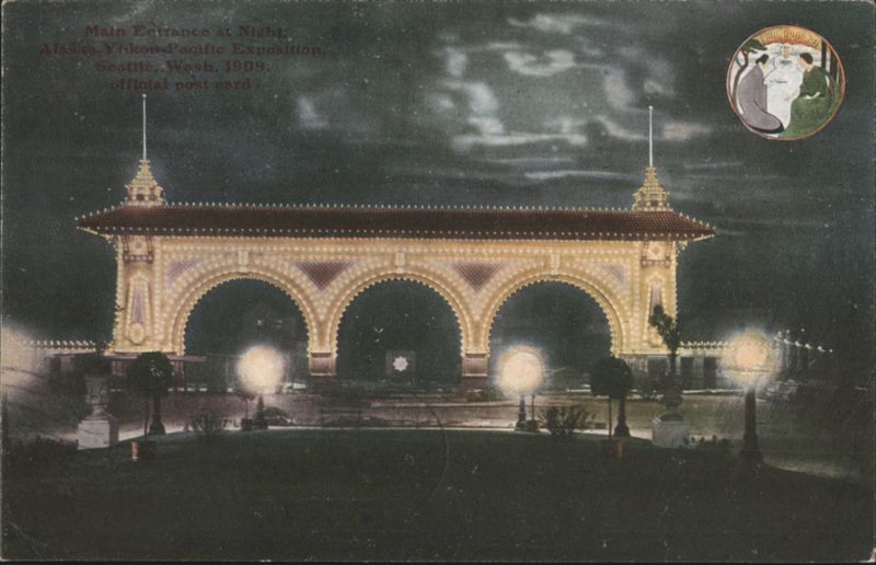 Main Entrance at Night, Alaska-Yukon-Pacific Exposition Seattle Washington