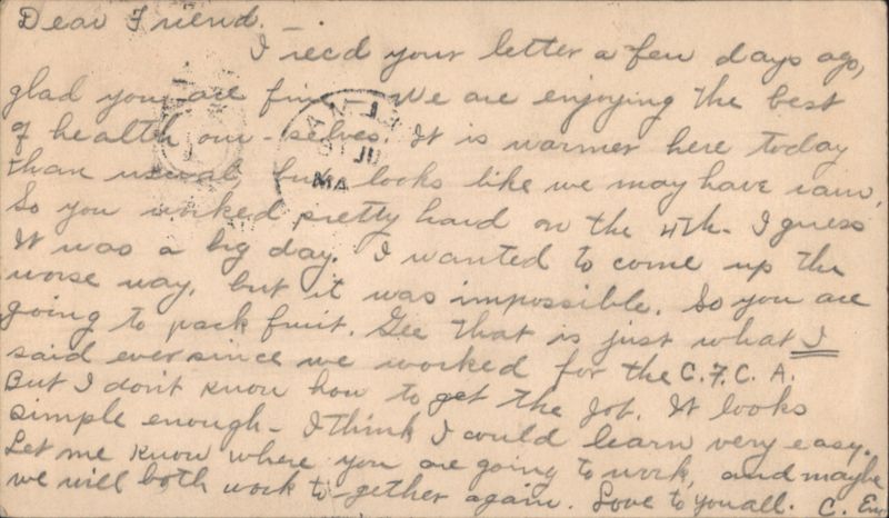 Personal Message, Fruit Packing, C.T.C.A., Selma, CA California