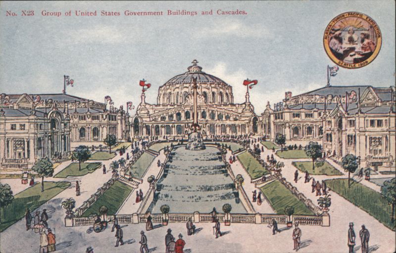 Group of US Government Buildings, Cascades, A-Y-P Expo 1909 Seattle Washington