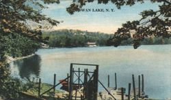 Swan Lake, NY - Lake View, Dock, Distant Buildings Postcard