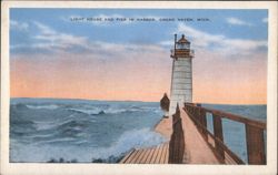 Lighthouse and Pier in Harbor, Grand Haven, MI Postcard