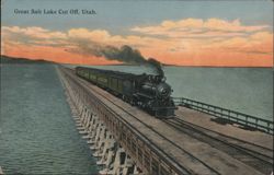 Great Salt Lake Cut Off, Train on Trestle Bridge Postcard