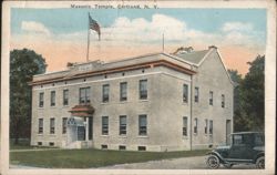 Masonic Temple, Cortland, NY with American Flag & Car Postcard