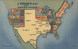 A Texan's Map of the United States Humorous Cartoon Postcard