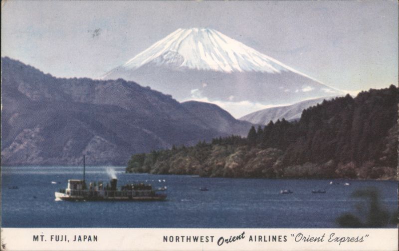 Mt. Fuji & Lake with Northwest Orient Airlines Steamer Japan