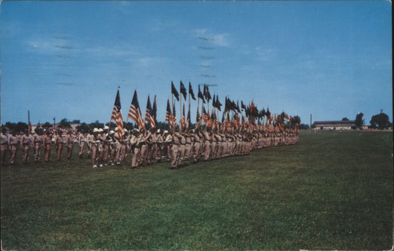 Massing of the colors of all units at formal parade Fort Dix New Jersey