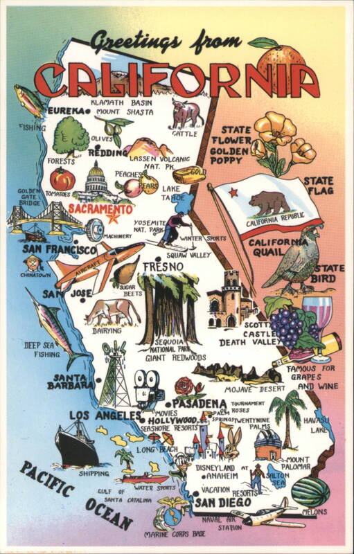 Greetings from California Map, Golden State Landmarks