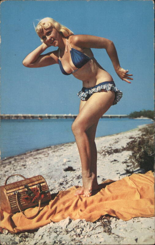 Blonde Woman in Bikini on Florida Beach with Picnic Basket