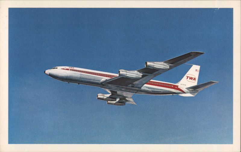 TWA Boeing 707 Jet Airplane in Flight N757TW Airline Advertising