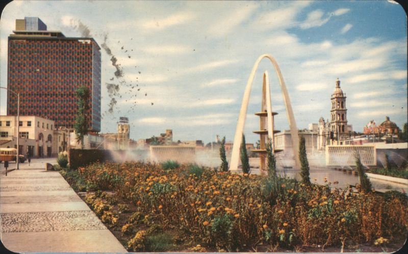 Banco Popular, Fountain, and Cathedral, Monterrey Mexico