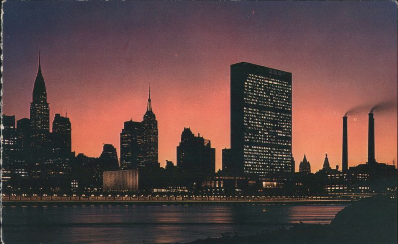 Twilight View Mid-Manhattan Skyline UN Chrysler Empire State New York