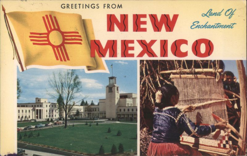 Greetings from New Mexico, Flag, Capitol, Pueblo Weaving