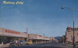 Redding CA Downtown Street Scene, Woolworth's, Chevron Postcard