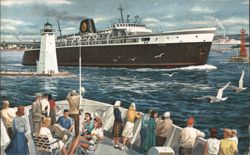 SS Badger Ferry, Lighthouse, Ludington MI Postcard