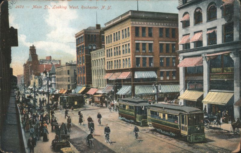 Main St., Looking West, Streetcars & Buildings Rochester New York