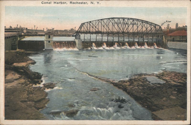 Canal Harbor, Arch Bridge & Dam with Waterfall Rochester New York