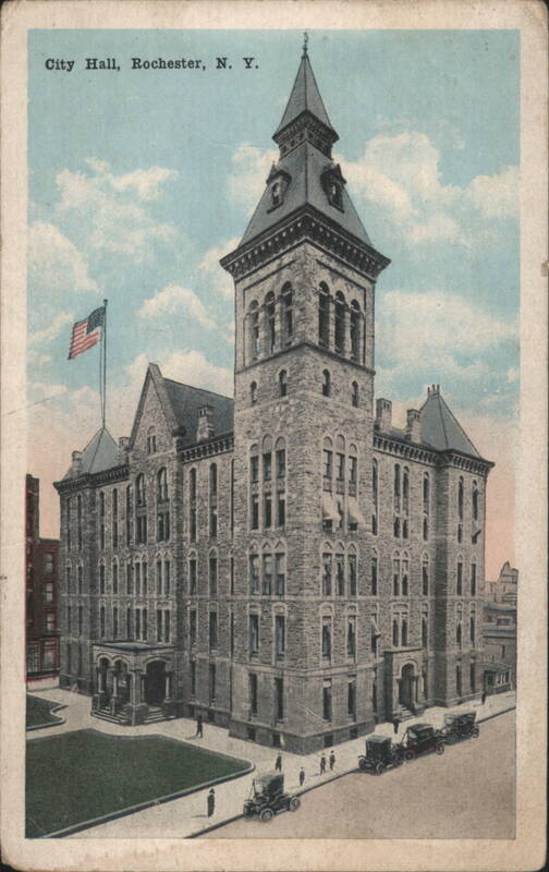 City Hall, Rochester, N.Y. with Cars & Flag New York