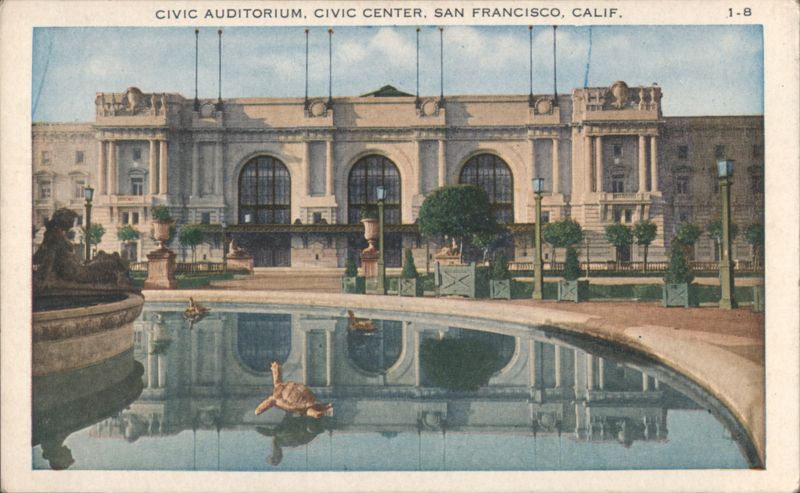 Civic Auditorium, Civic Center with Fountain Reflection San Francisco California