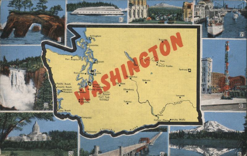 Washington State Map & 9 Scenic Views: Rainier, Falls, Capitol