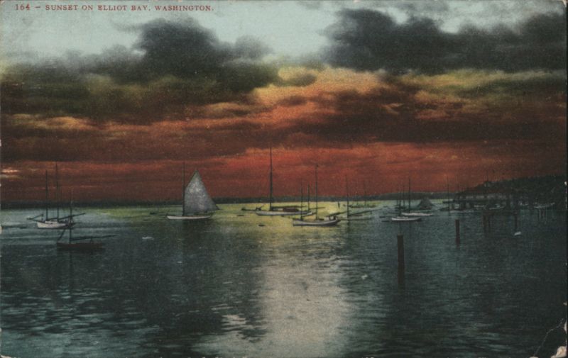 Sunset on Elliot Bay, WA with Sailboats Washington