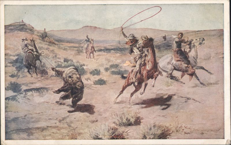 Cowboys Roping a Grizzly Bear Cowboy Western