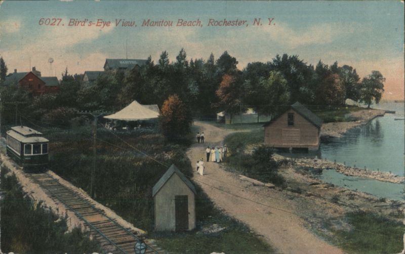 Bird's-Eye View, Manitou Beach with Train and Buildings Rochester New York