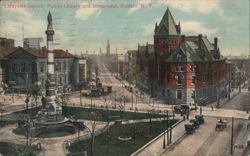 Lafayette Square, Public Library and Monument, Buffalo, NY Postcard