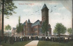 Spokane High School, Clock Tower, Students Postcard