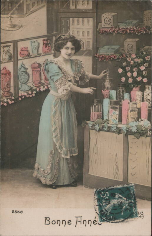 Elegant Woman in Shop with Jars, Bonne Année New Year Greeting