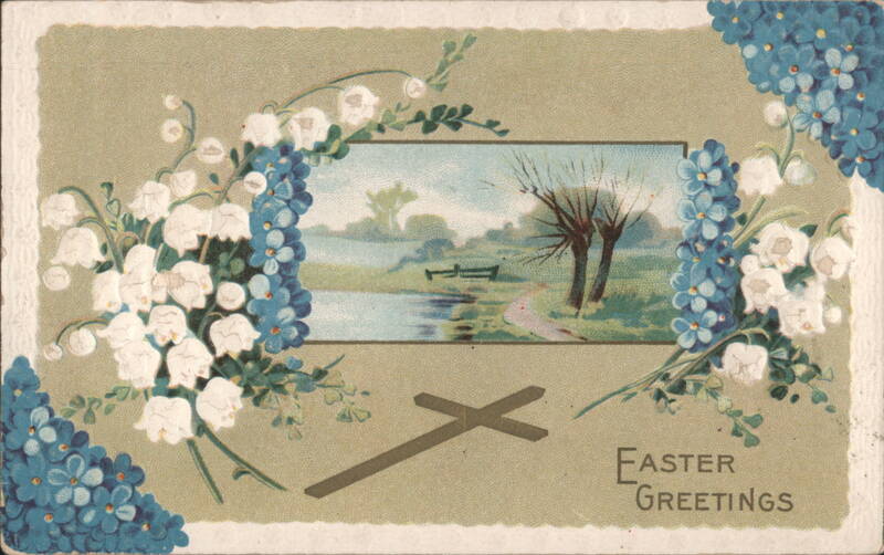 Easter Greetings with Cross, Lily of the Valley, and Landscape Scene