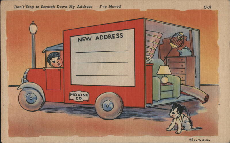 Comic Moving Truck with New Address Sign and Dog Comic, Funny