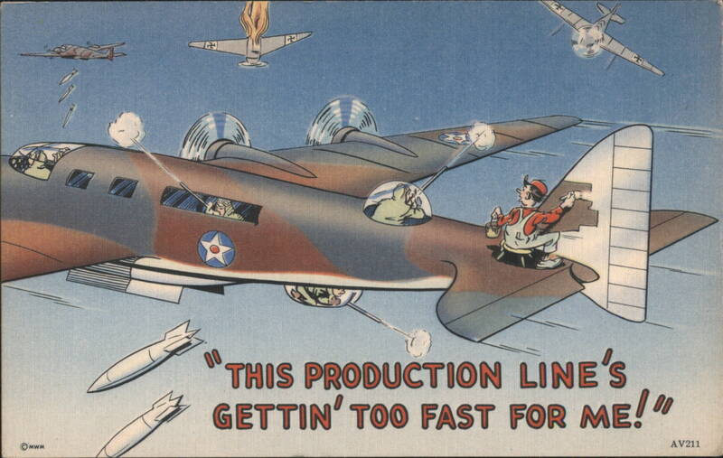 WWII Bomber Production Line Cartoon with Man on Tail