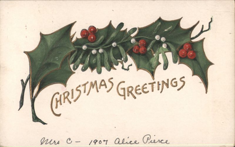 Christmas Greetings Holly and Mistletoe Berries Illustration