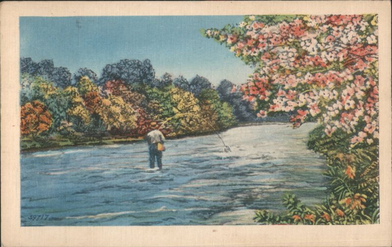 Man Fishing in River with Flowering Trees