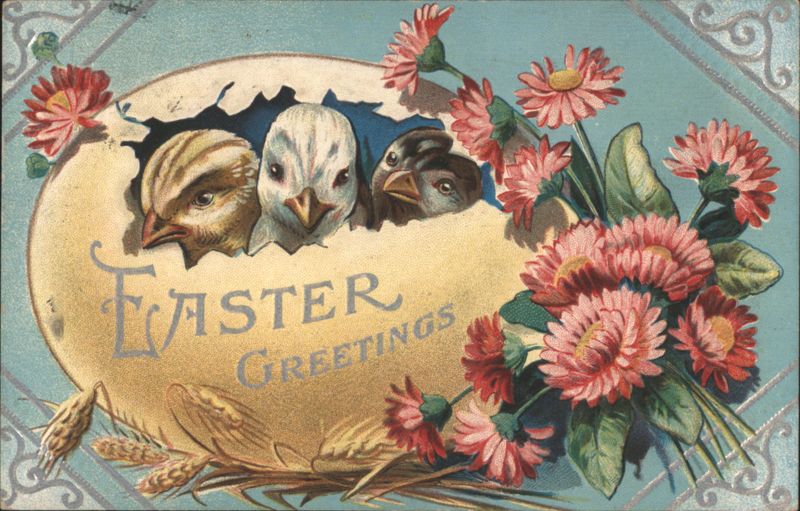 Easter Greetings with Chicks Hatching from Egg and Flowers