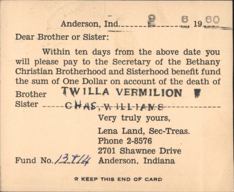 Bethany Christian Brotherhood & Sisterhood Death Benefit Notice, Anderson, IN