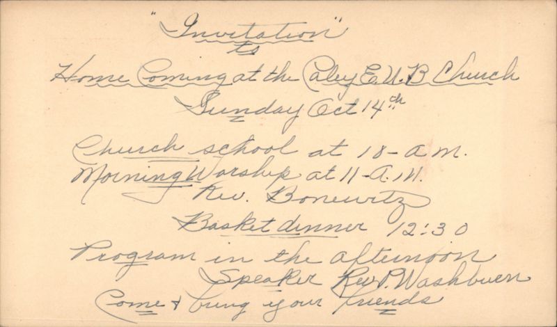 Caly E.U.B. Church Homecoming Invitation 1956 Royal Center Indiana