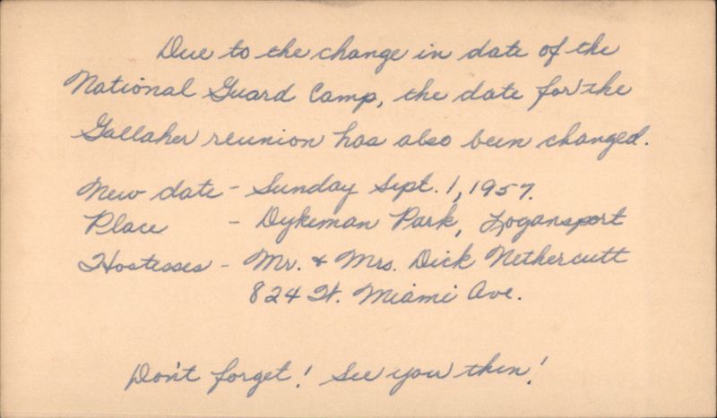 Gallaher Reunion Date Change Notification for 1957