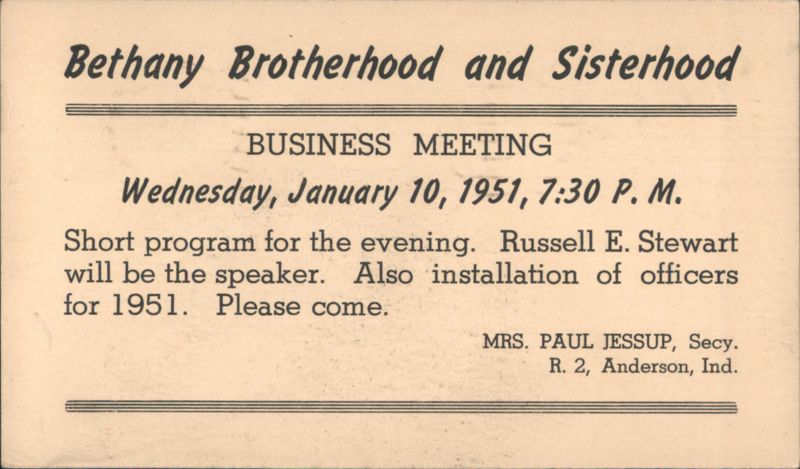 Bethany Brotherhood and Sisterhood Business Meeting Invitation, 1951 Anderson Indiana