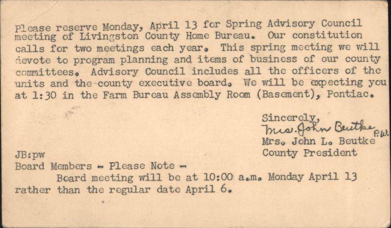 Livingston County Home Bureau Spring Advisory Council Meeting, Pontiac, 1953 Illinois