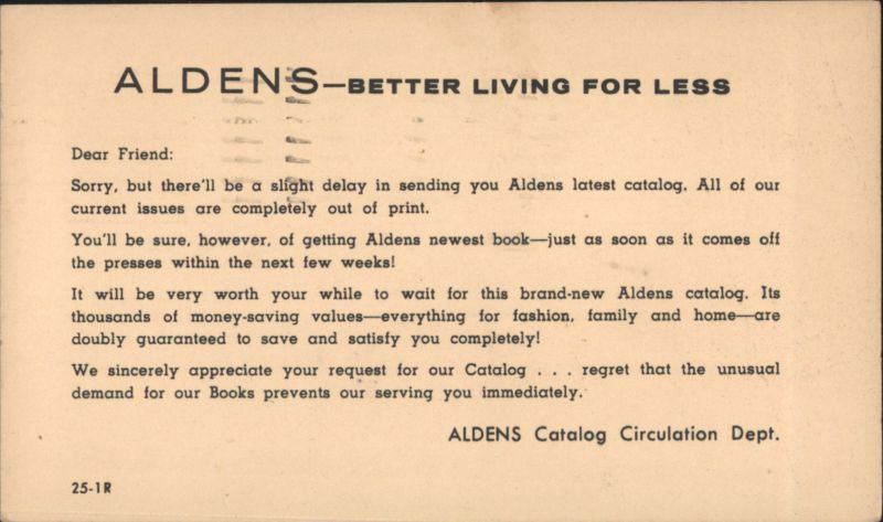 Aldens Catalog Delay Notice - Better Living for Less