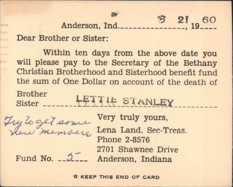 Bethany Christian Brotherhood Benefit Fund Notice for Lettie Stanley