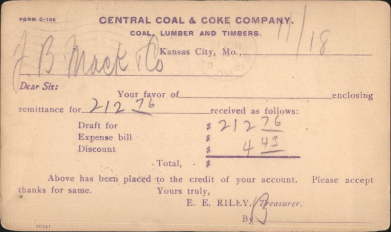 Central Coal & Coke Company Remittance Advice, Kansas City, MO Missouri