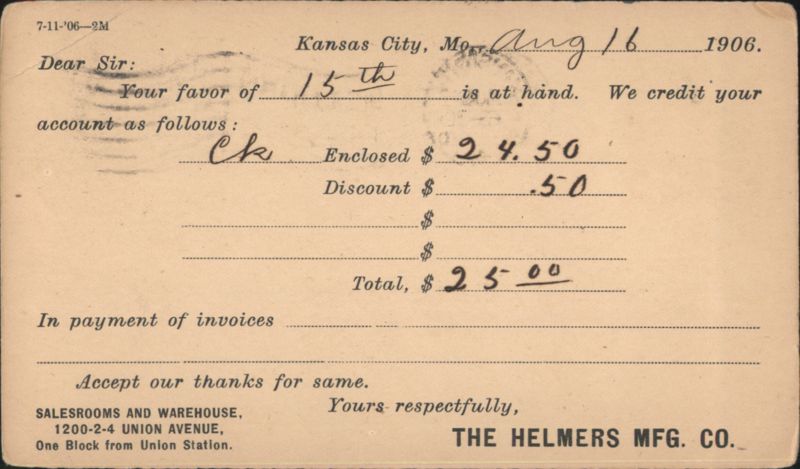 The Helmers Mfg. Co. Payment Receipt, Kansas City, MO, 1906 Missouri