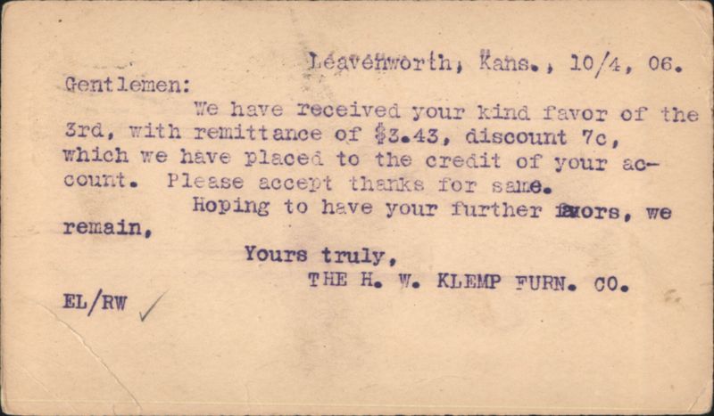 H. W. Klemp Furn. Co. Business Correspondence, Leavenworth, KS 1906 Kansas